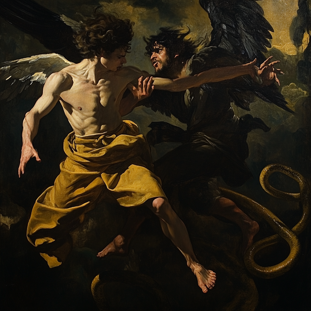 Battle of devil and angel in Caravaggio style painting.