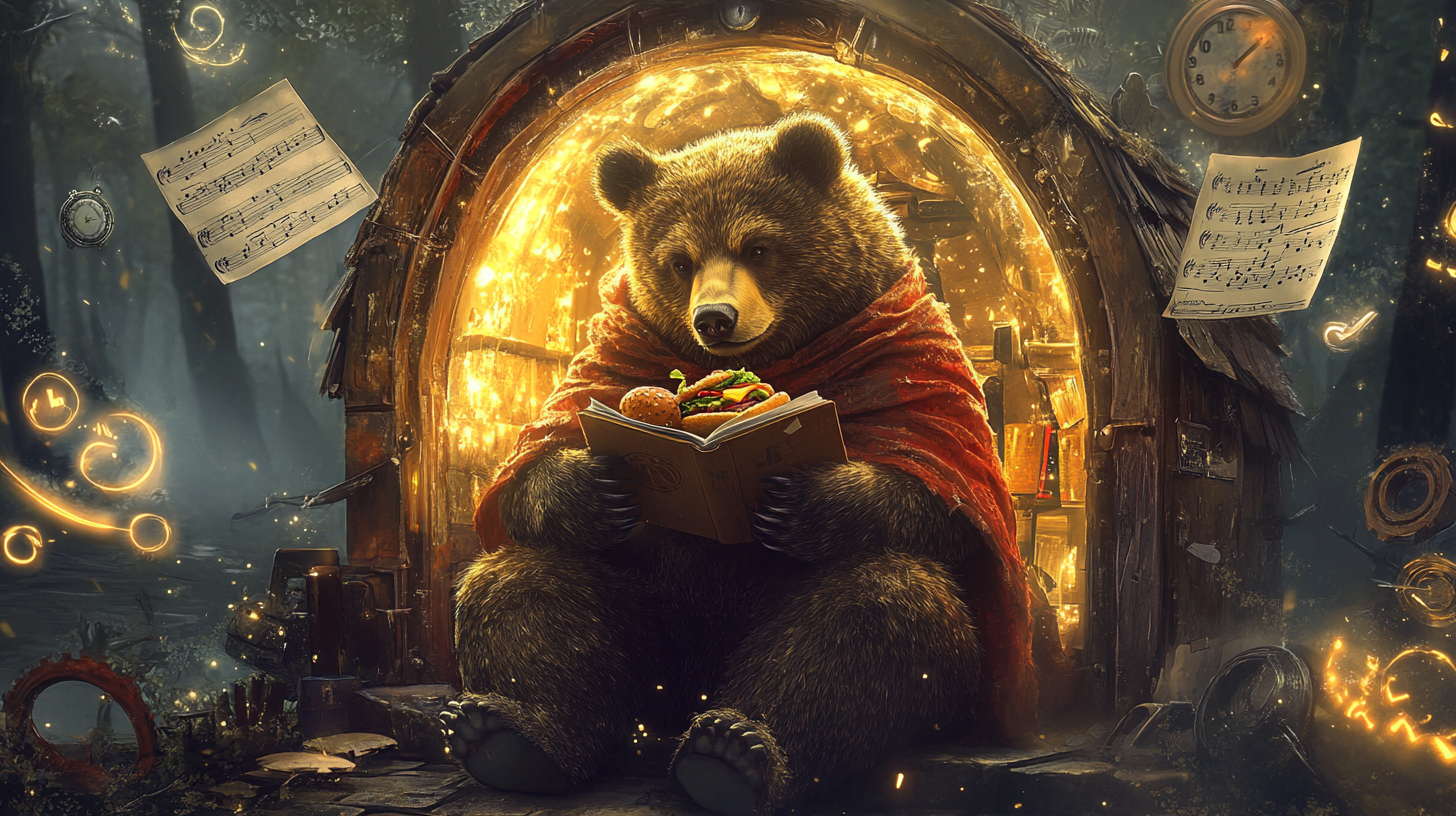 Bear in red cape sits in doghouse with sandwich.