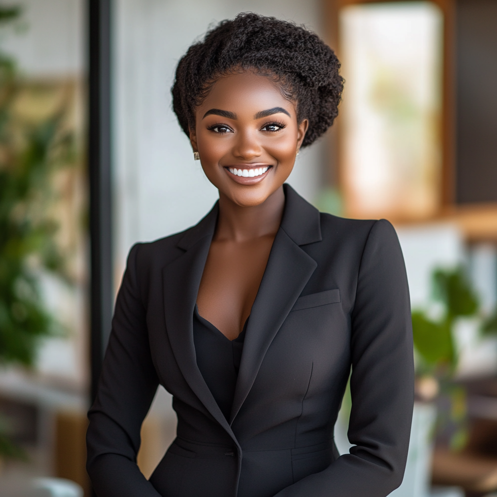 Beautiful African American girl in business suit smiling.