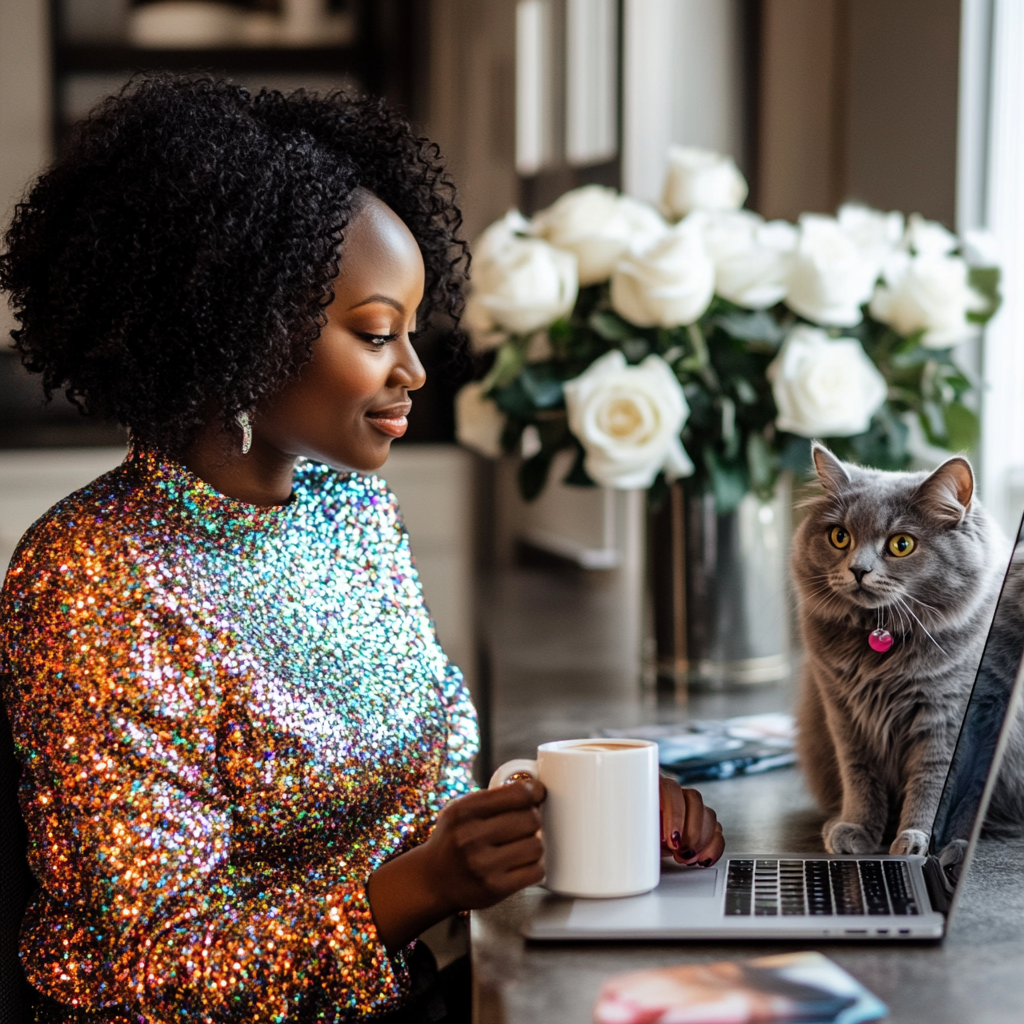 Beautiful black woman with laptop in cozy home office