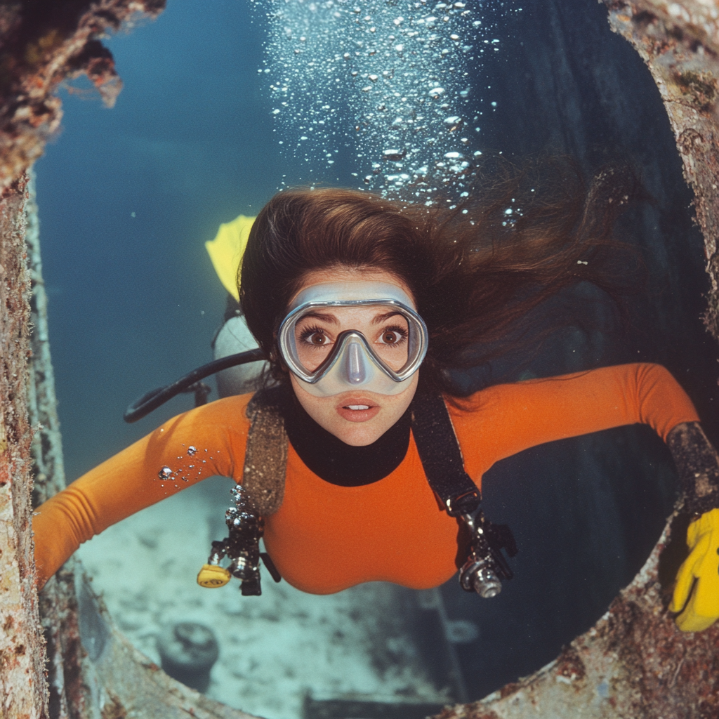 Beautiful brunette diver in sunken ship, reaching upwards gracefully.