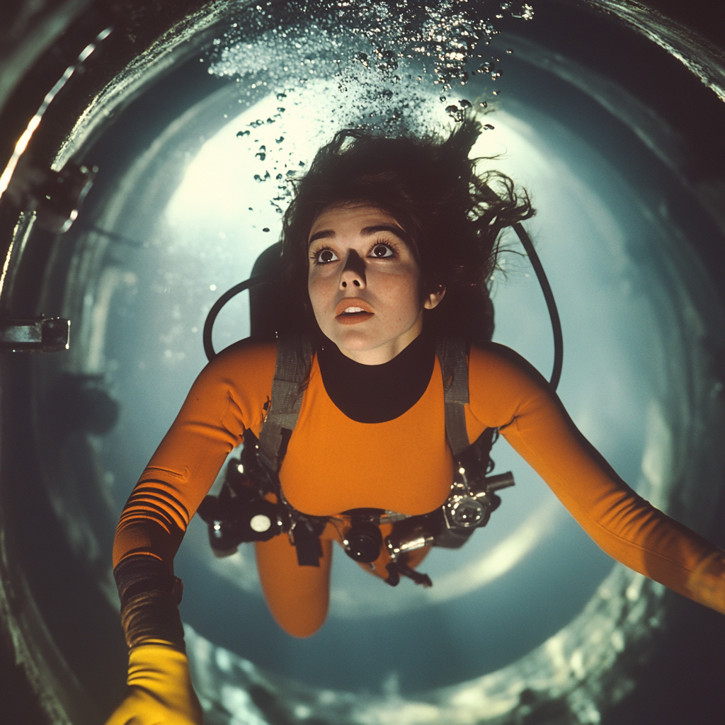 Beautiful brunette scuba diver in sunken ship, reaching upward.