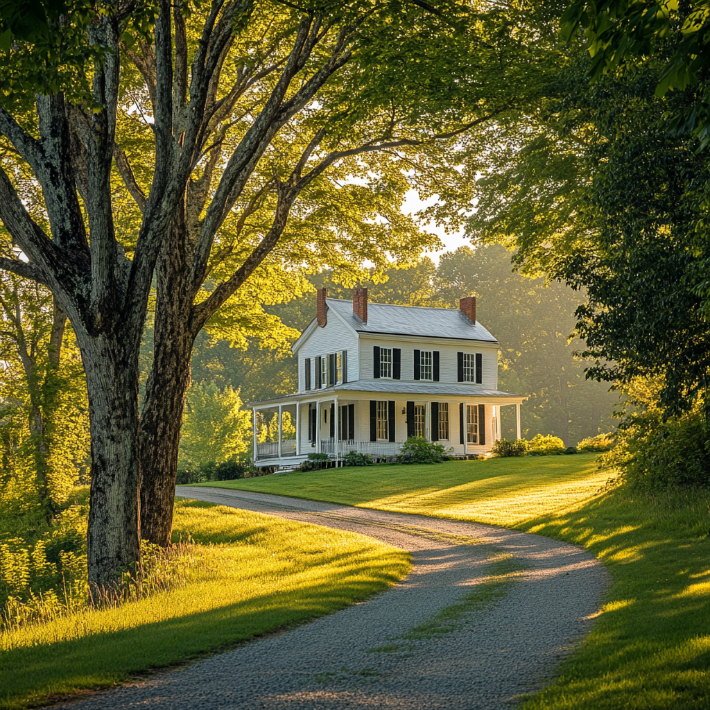 Beautiful farmhouse with trees, porch, and sunlight.