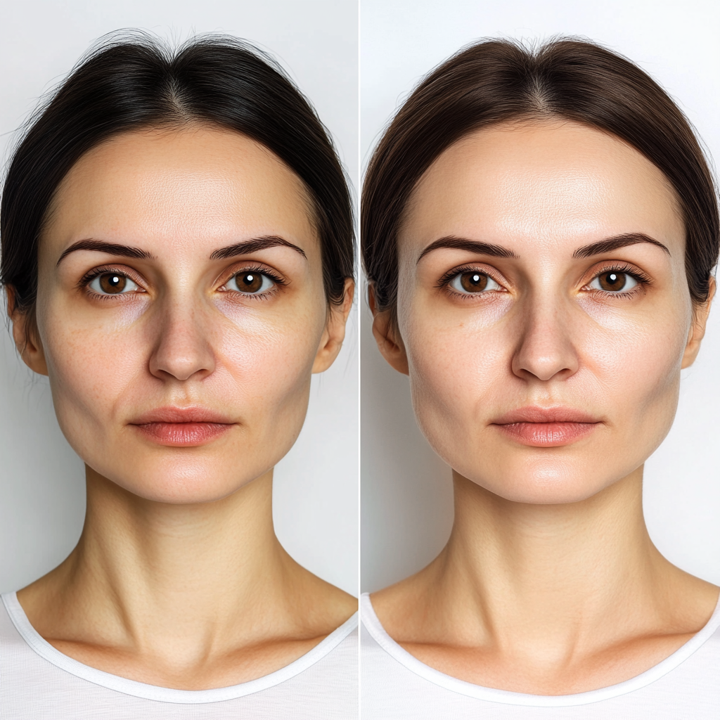 Before and after cosmetic procedure showing wrinkle removal.