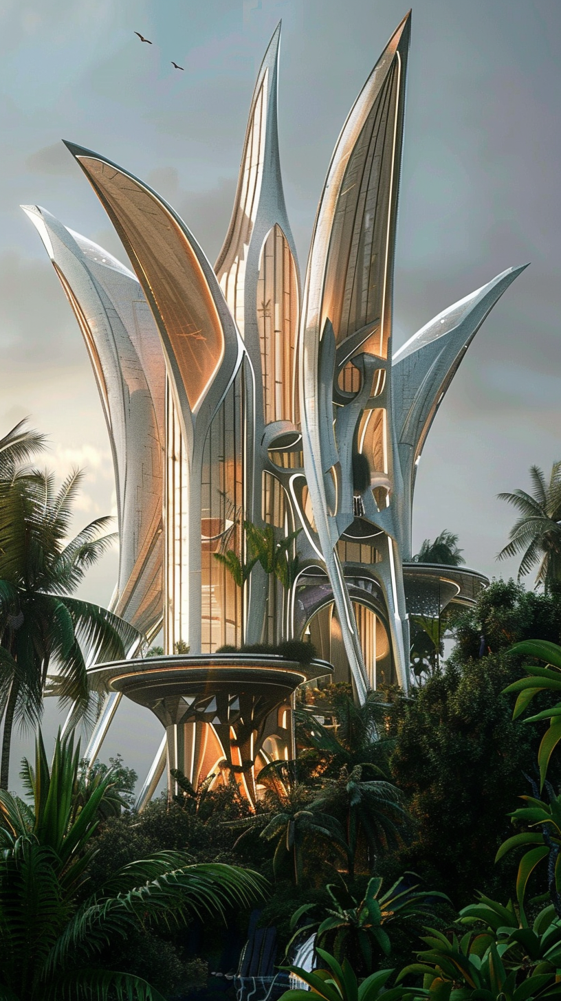 Bird-inspired fantasy building surrounded by lush vegetation, hyper realistic.