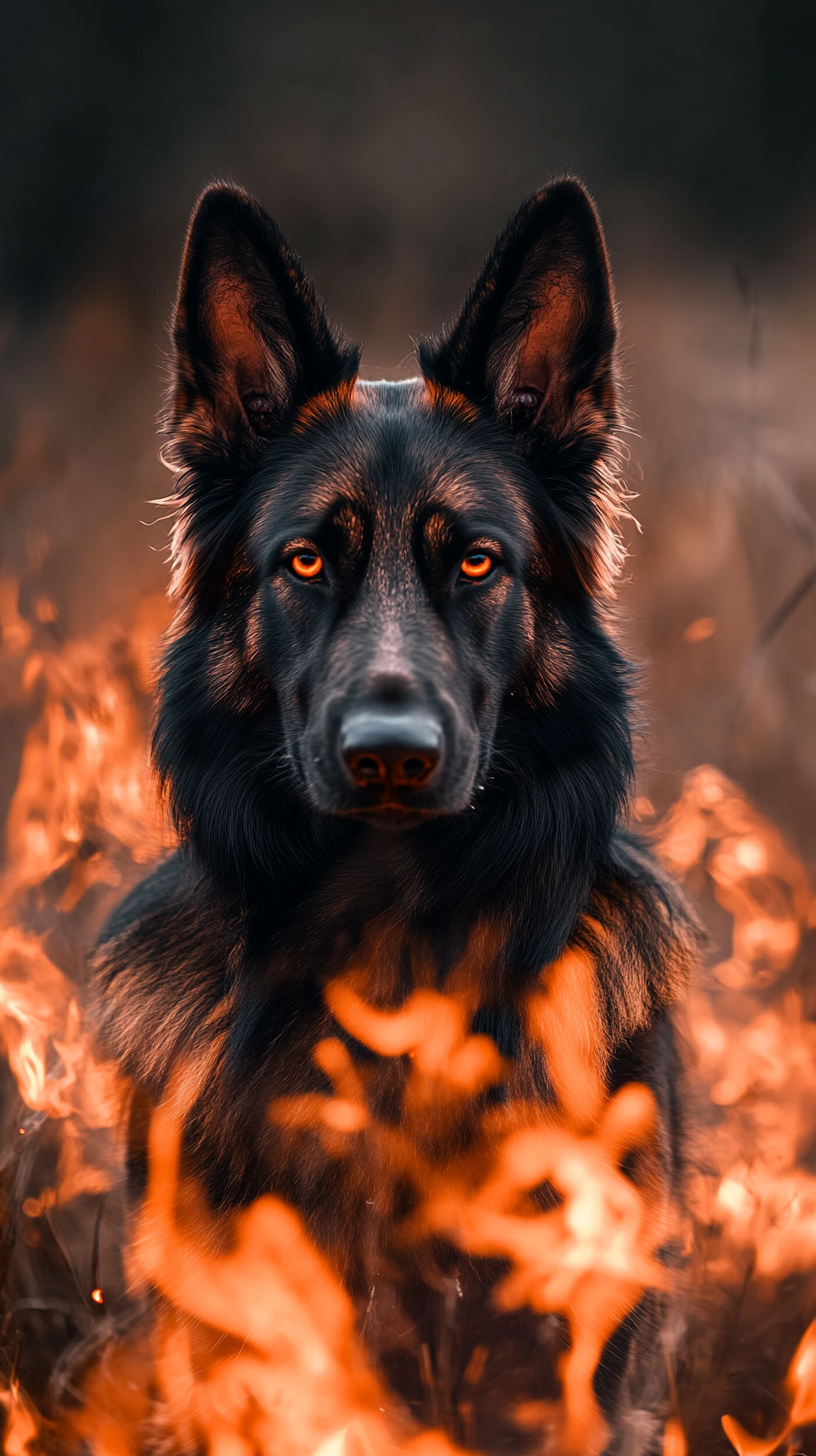 Black and red German Shepherd with fiery powers on fire.