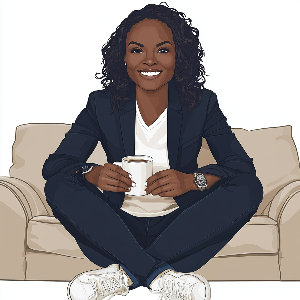 Black female politician sitting on couch holding coffee mug.