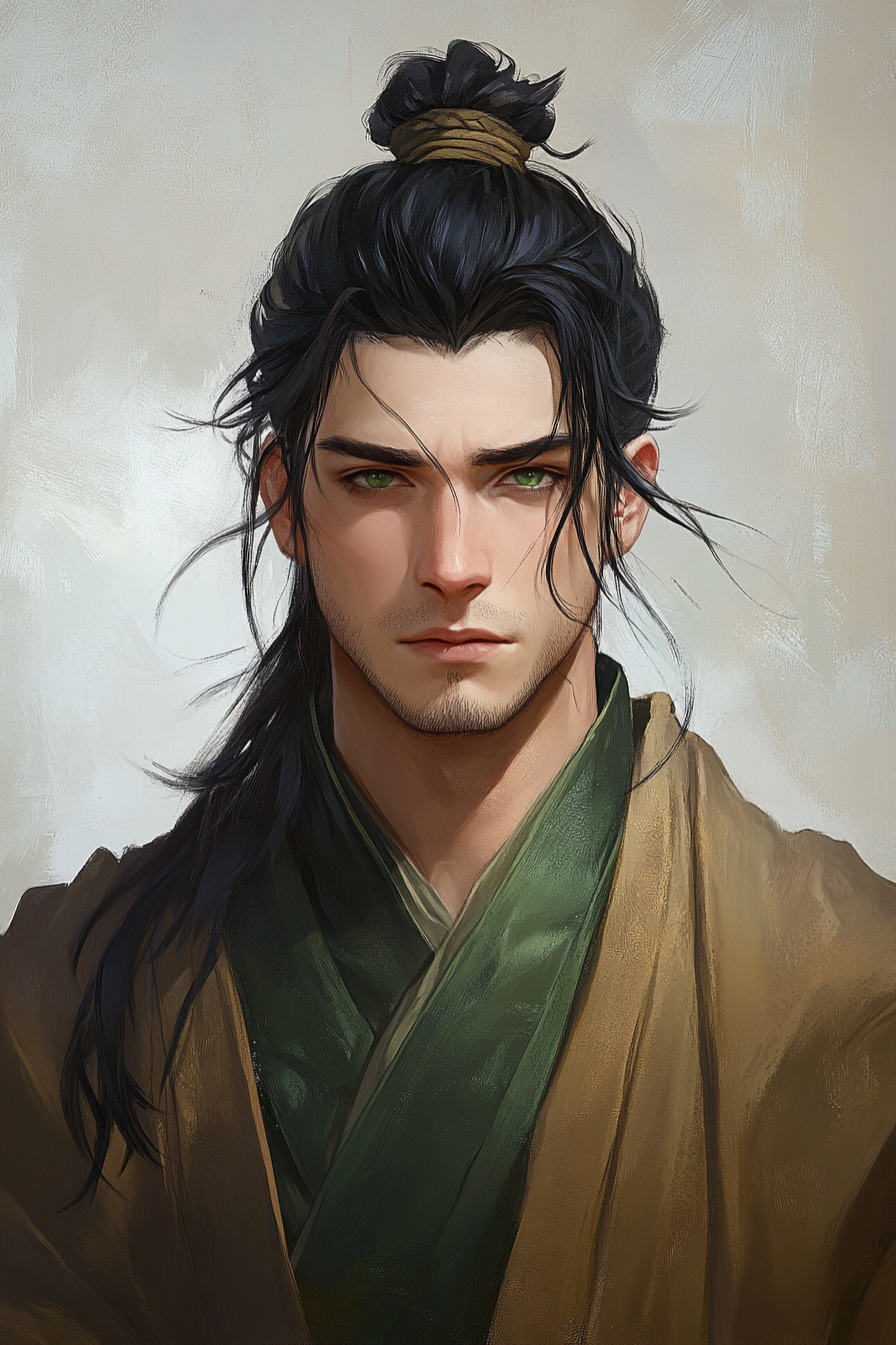 Black hair, green eyes, mage robes, detailed portrait art.