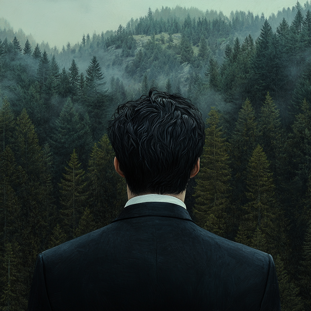 Black haired man in suit looking at forest.