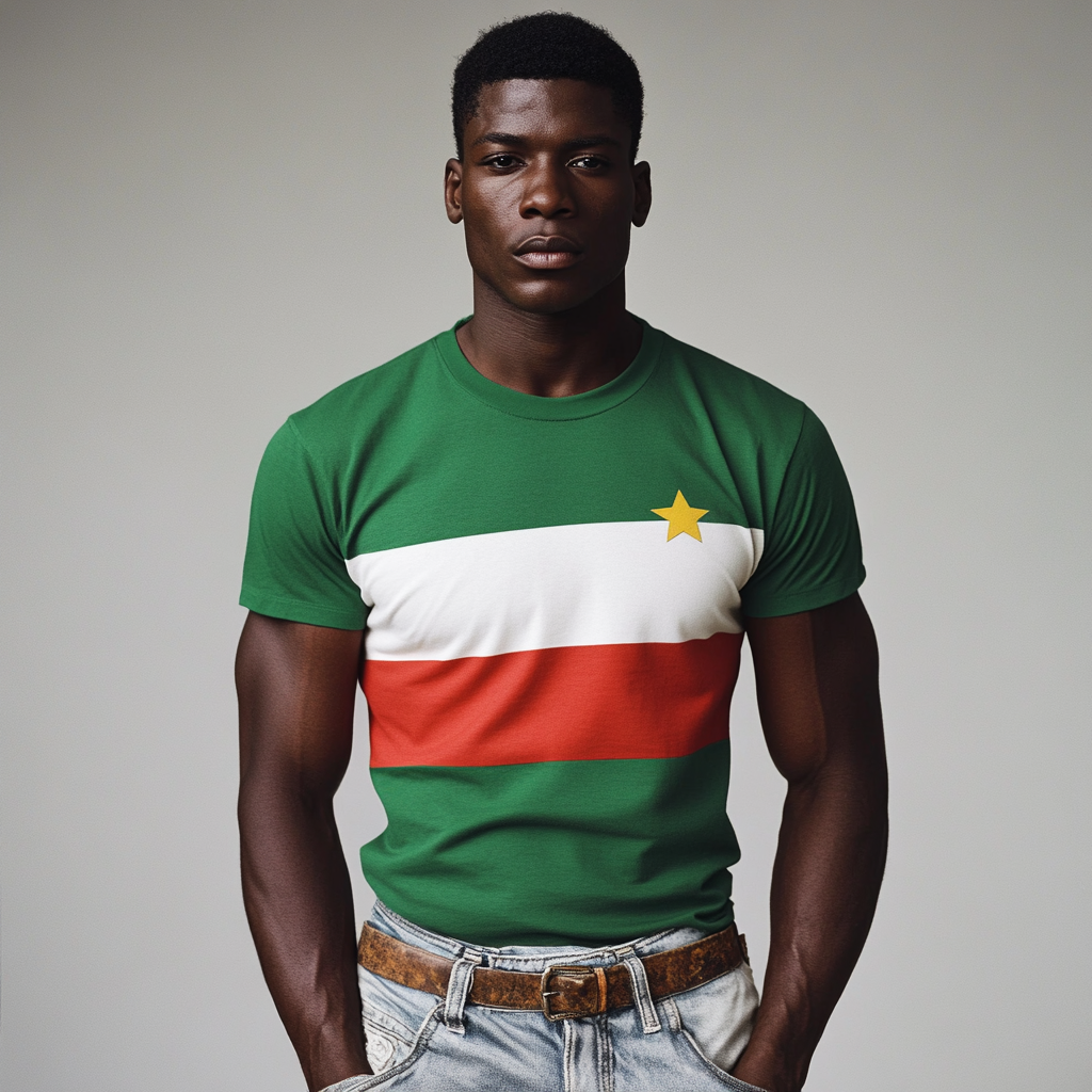 Black man in athletic build wearing flag-themed t-shirt.