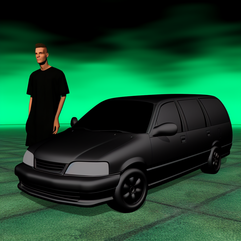 Black minivan on green background with glitchy pixelated design.