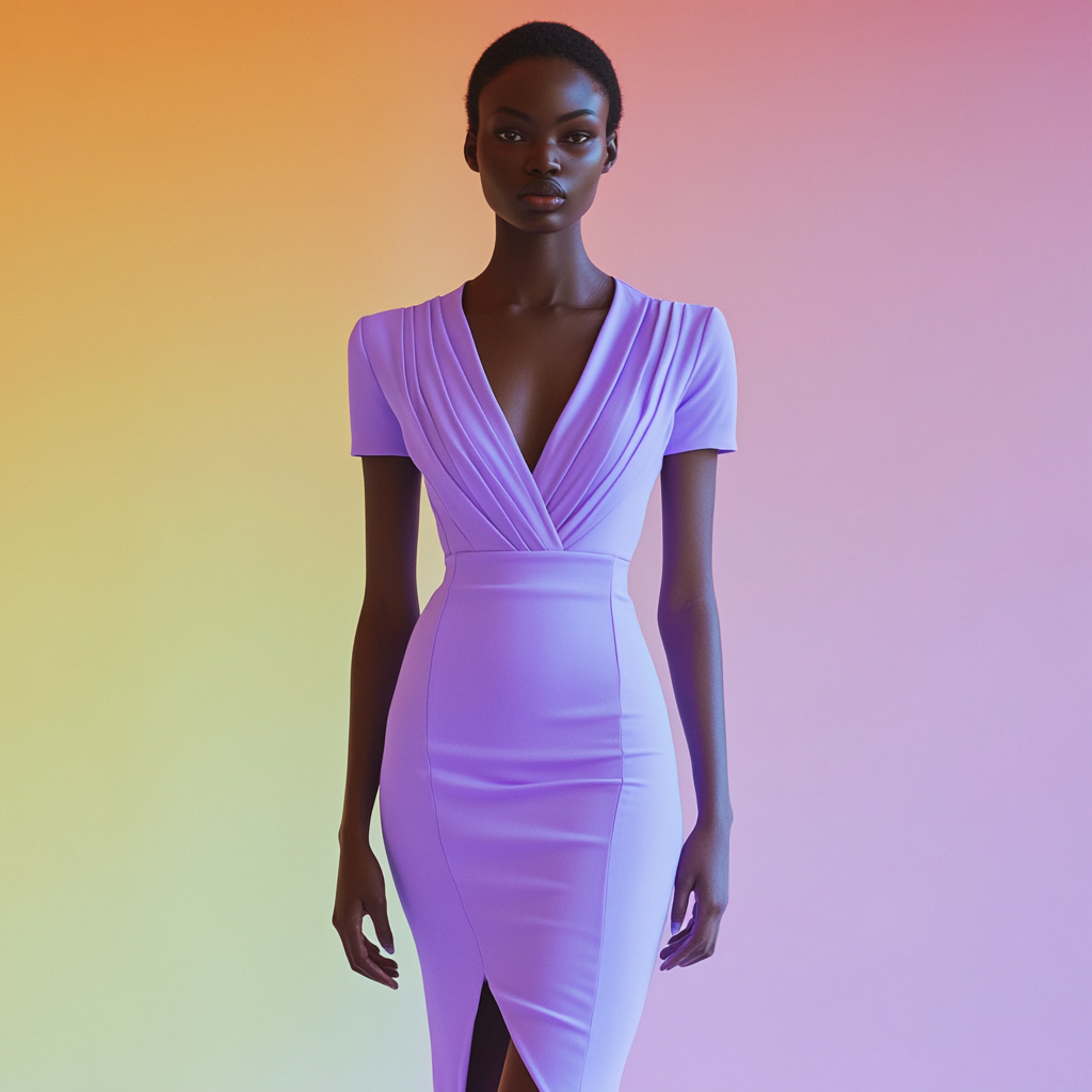 Black model in lilac calf length dress, criss cross.