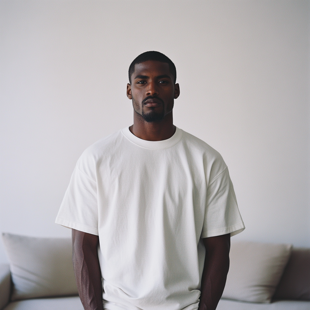 Black model in white t-shirt, standing, white background.