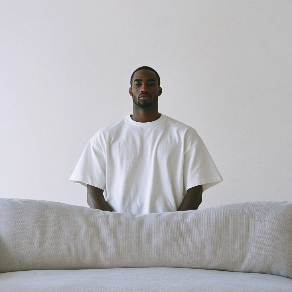 Black model man in white oversized tshirt, standing by sofa.