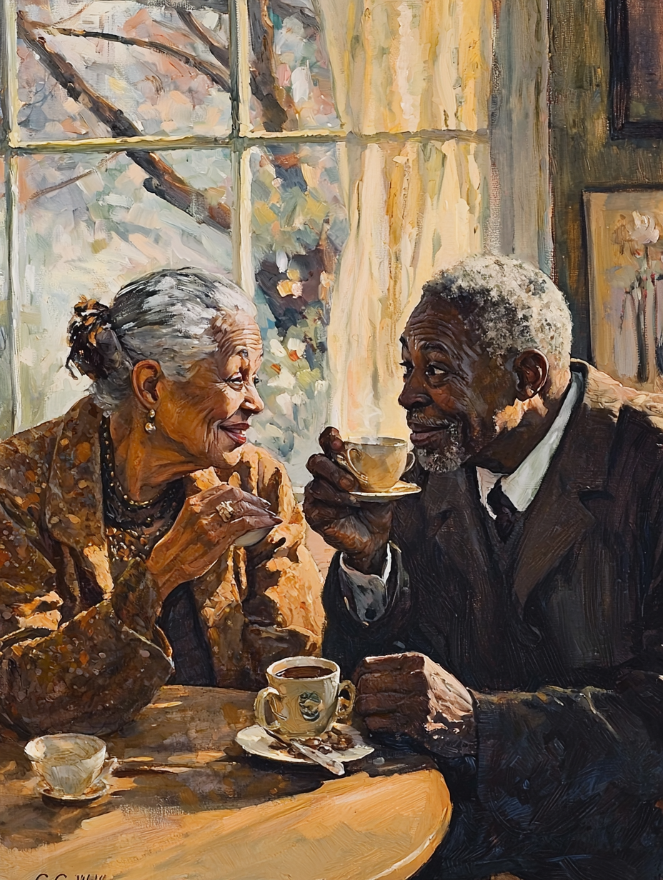 Black senior couple reading coffee, vintage book cover art.