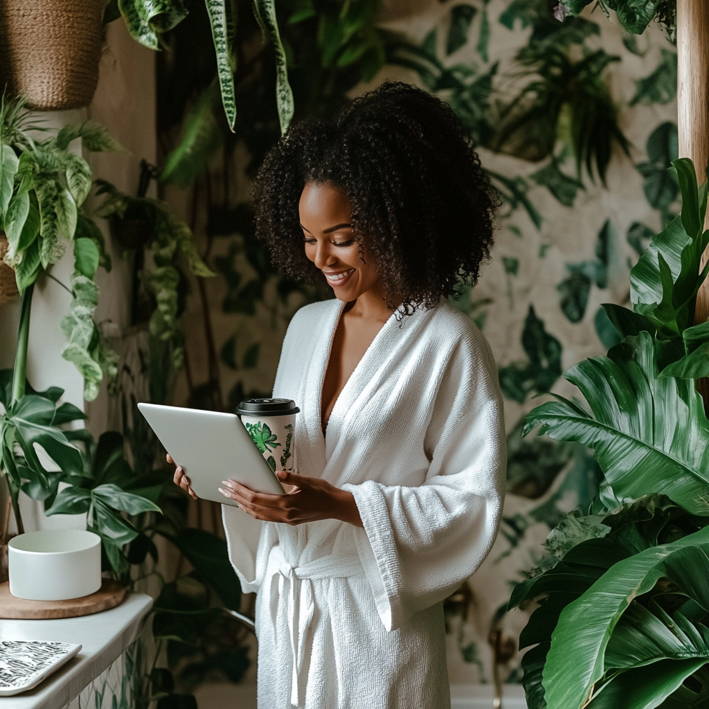 Black woman, robe, green plant, laptop, coffee mug, smile.