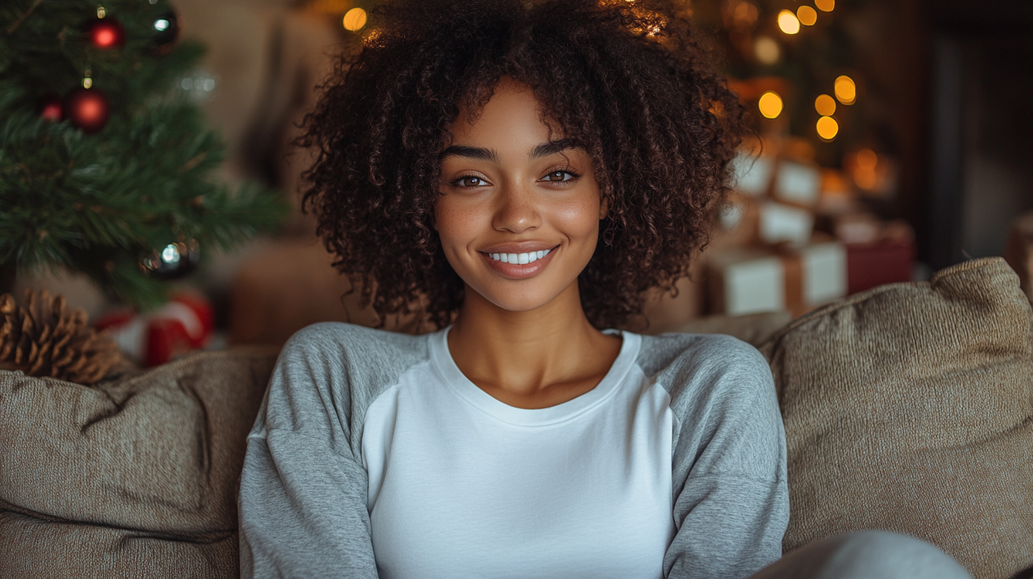 Black woman in gray sweatpants and white t-shirt sitting.