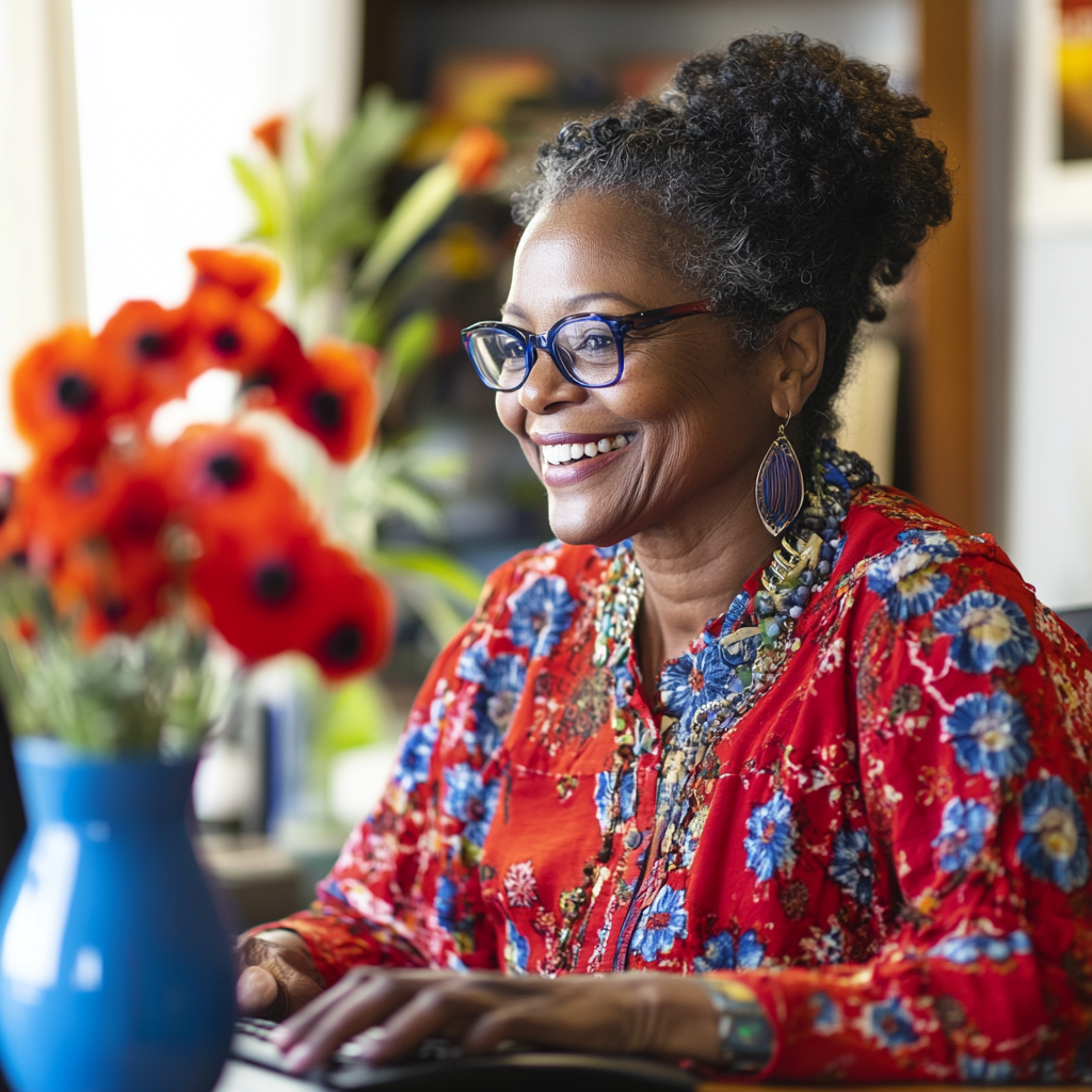 Black woman in red and blue smiling at computer.