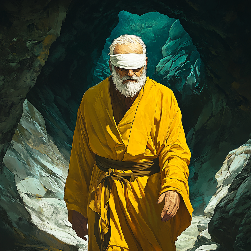 Blind old man in cave, colorful, dramatic lighting