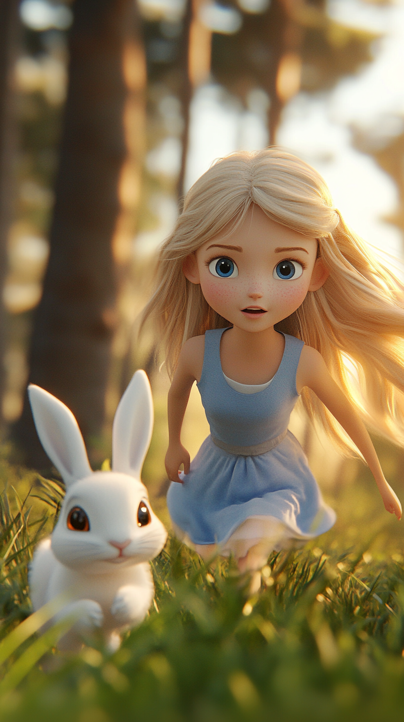 Blond girl in blue dress chases rabbit. Sunny forest.