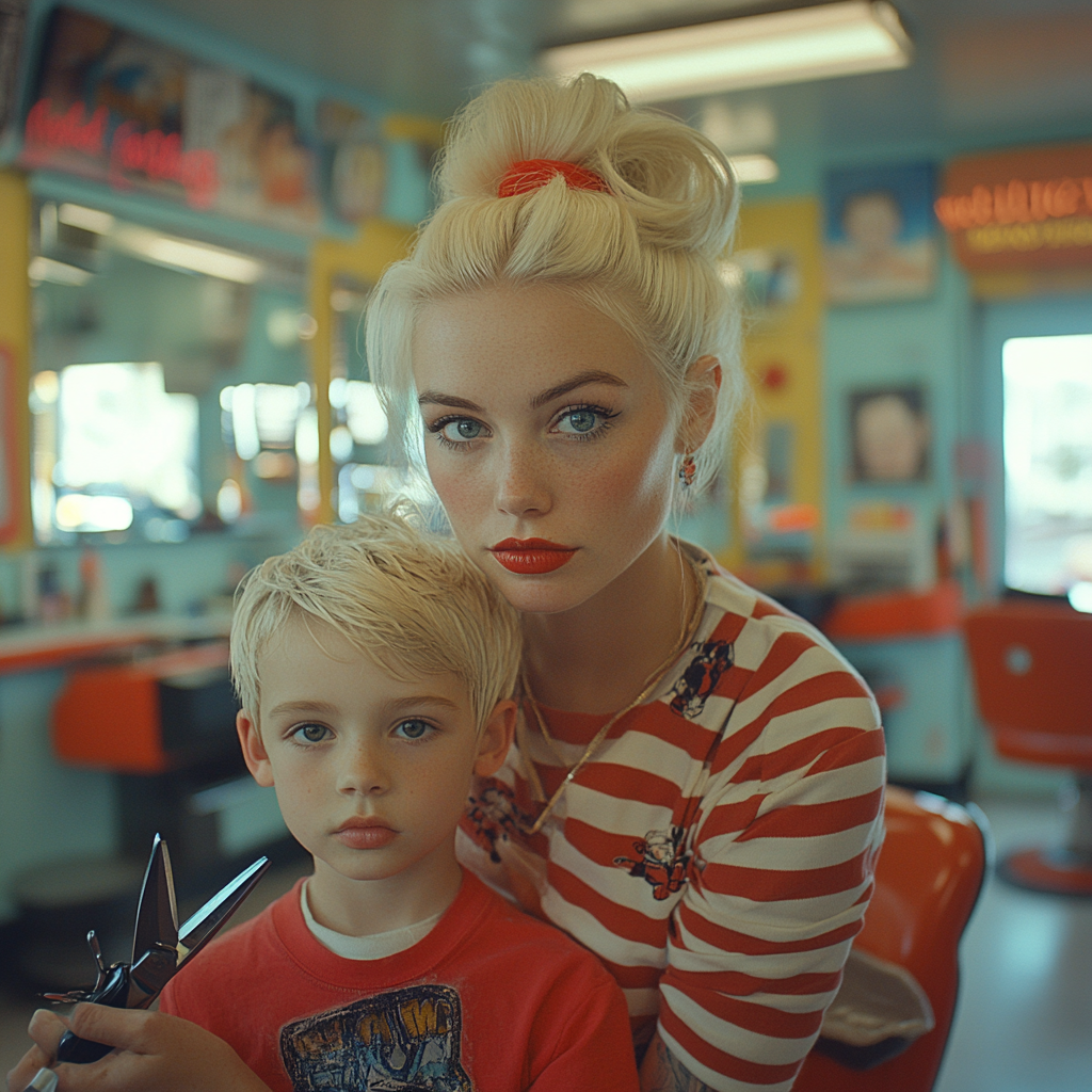 Blond woman cutting child's hair in colorful salon, fierce.