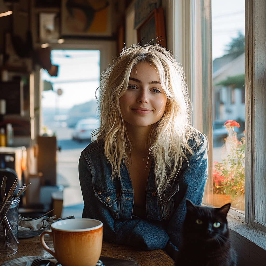 Blond woman in cozy hair salon with kitten. Ocean view.