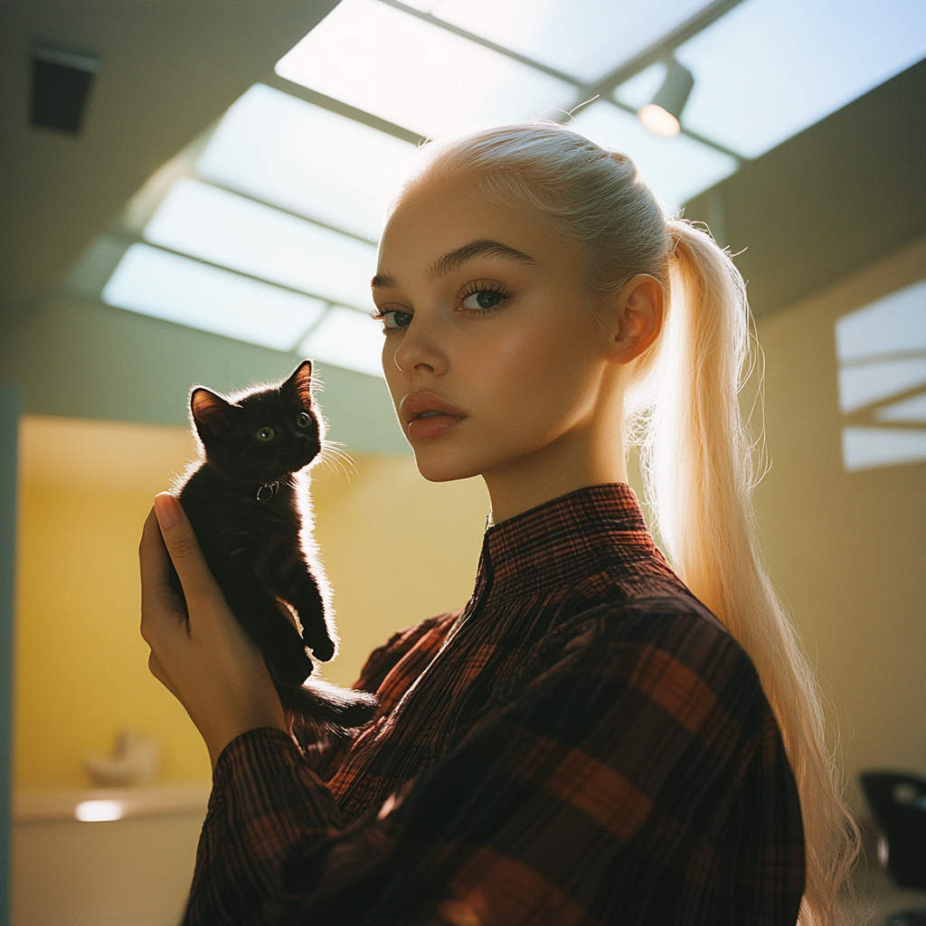 Blond woman with ponytail holding black kitten in salon.