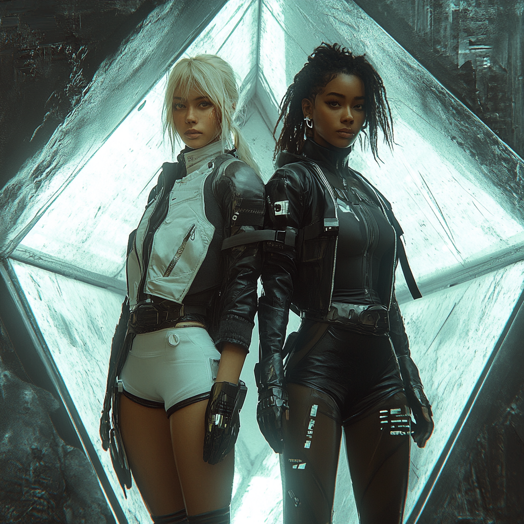 Blonde and Dark-haired Women in Futuristic Clothes