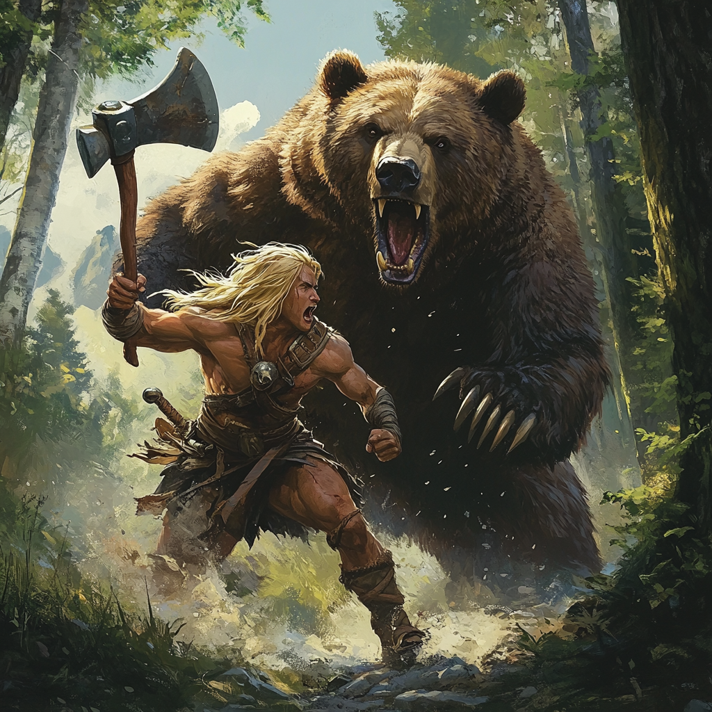 Blonde barbarian with two-handed axe vs angry bear