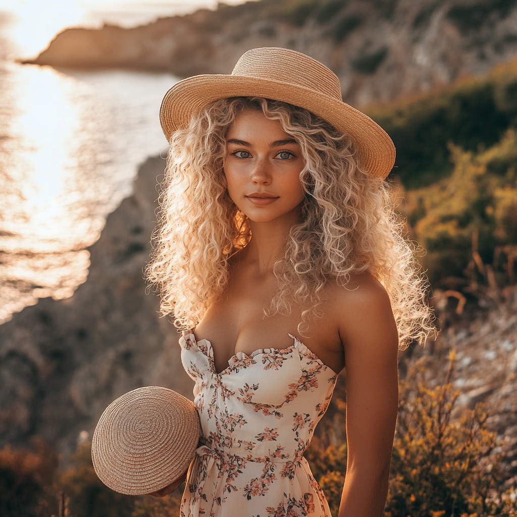 Blonde female influencer poses outdoors in chic dress.