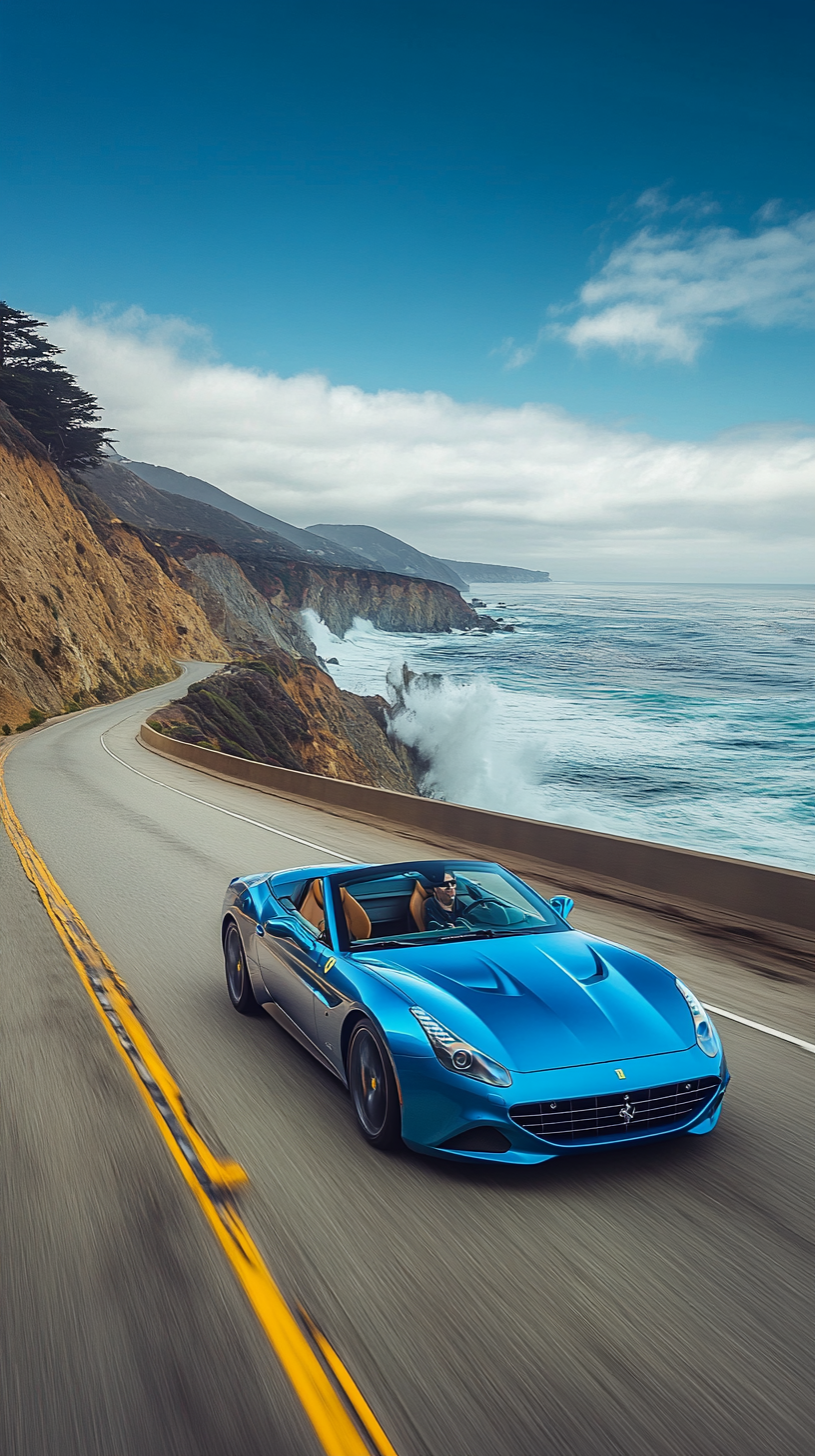 Blue Ferrari speeding on Pacific Coast Highway, waves splashing.