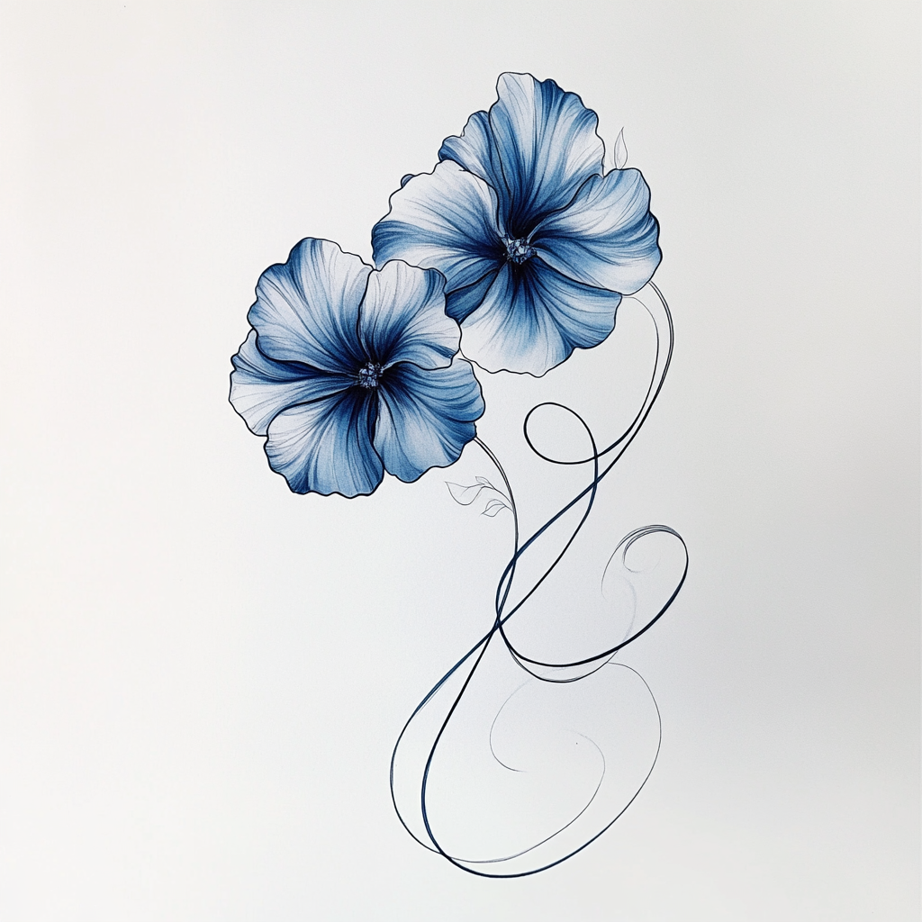 Blue pansy flowers and flowing ribbon tattoo sketch design.