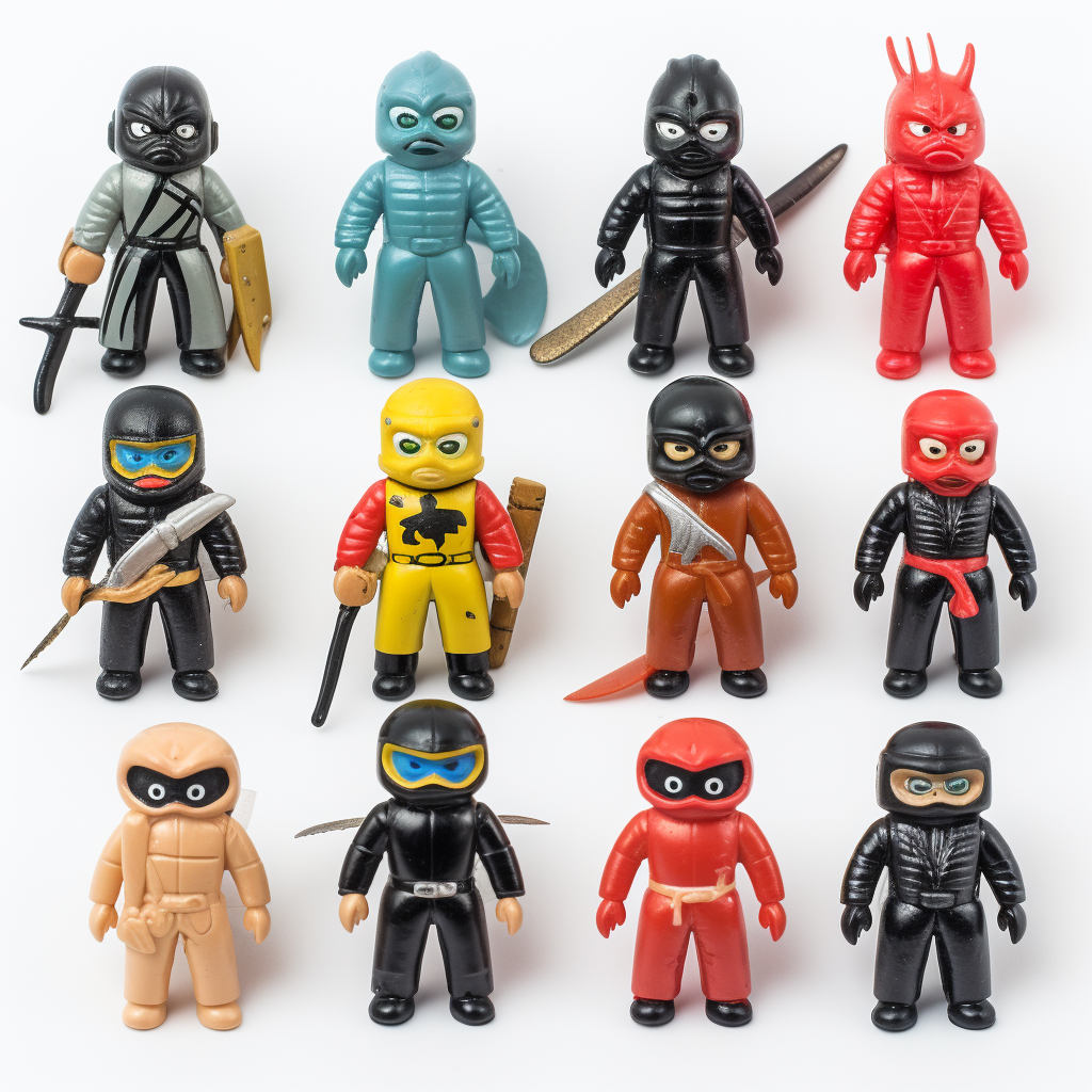 Bootleg 1960s Japanese ninja toys on white background.