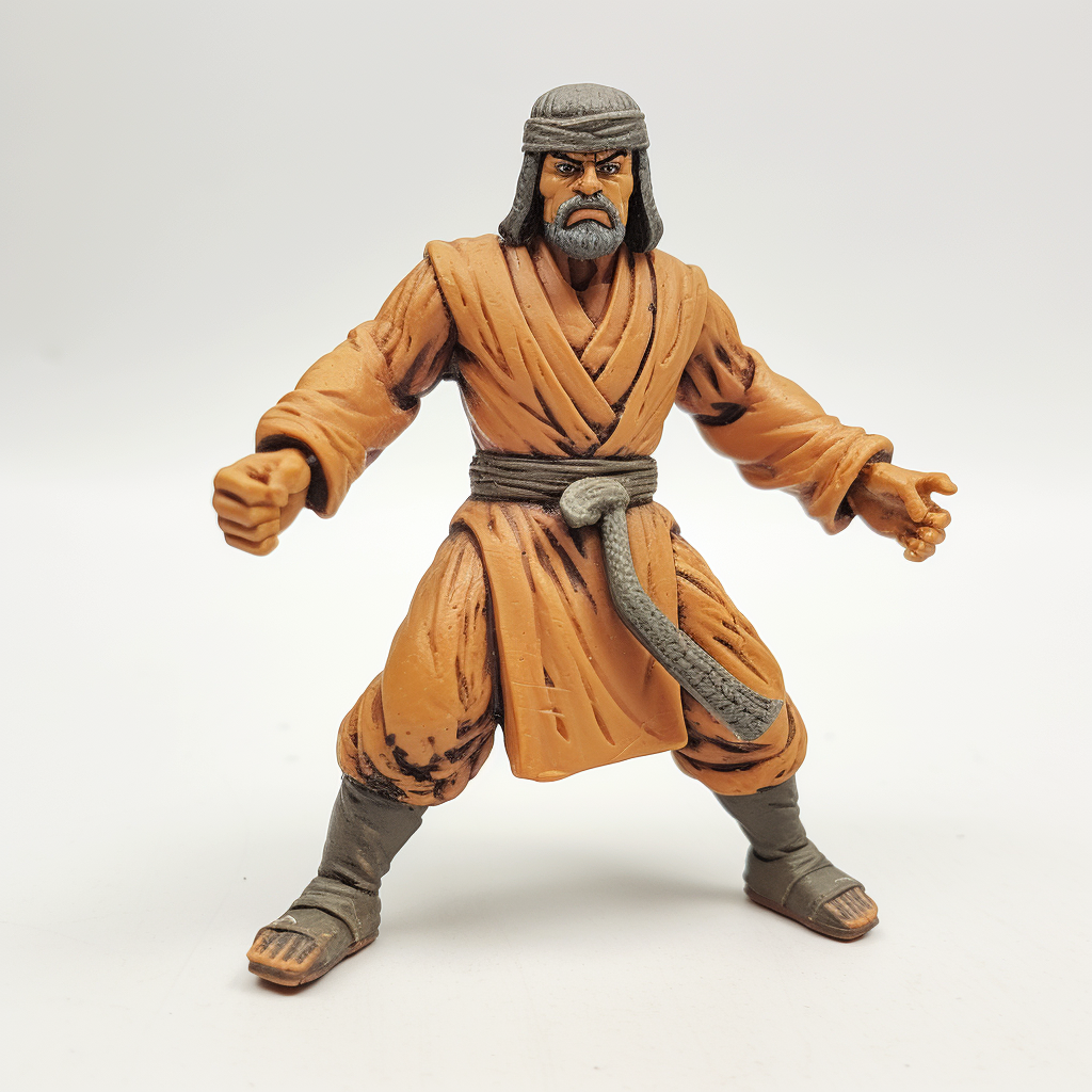 Bootleg dojo master toy, low detail, crude painting, action figure.