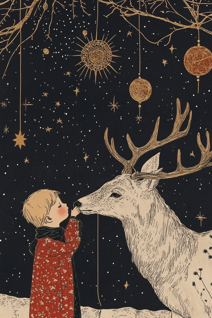 Boy and deer on night sky background, Slavic folk art