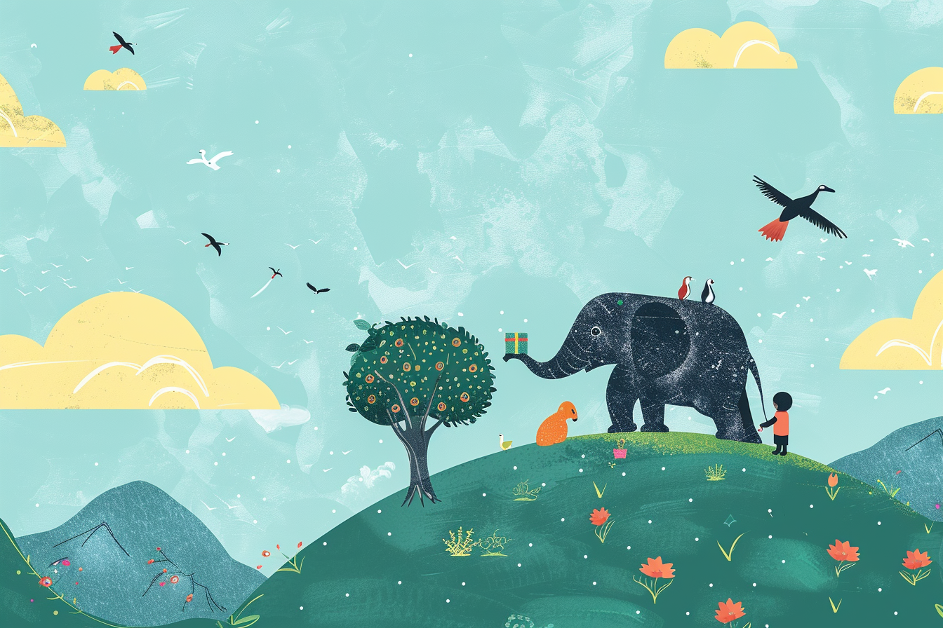 Boy and elephant share present on mountain with animals.