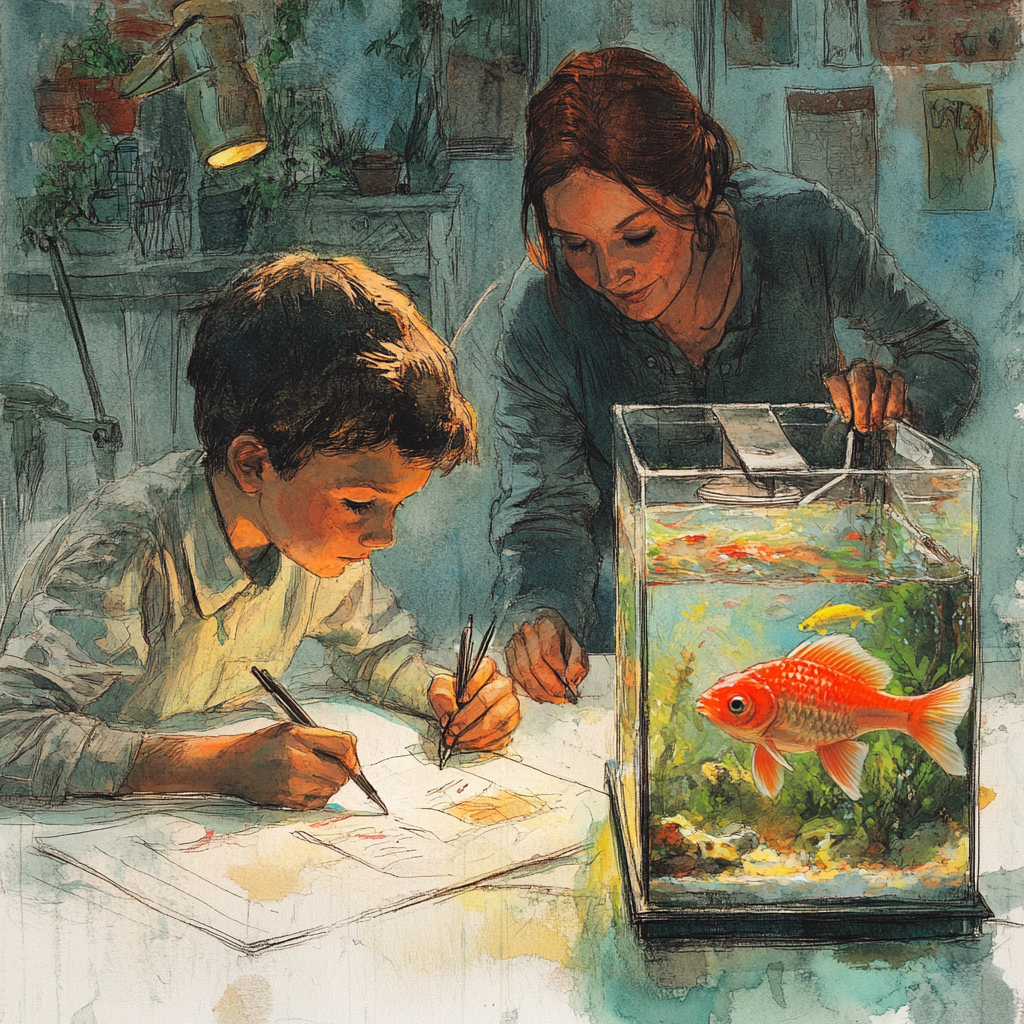 Boy drawing on desk, mother placing fish tank.