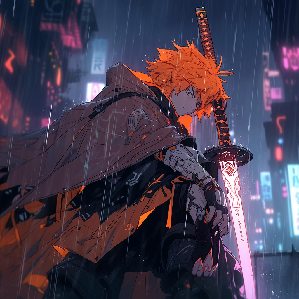 Boy in cyberpunk anime with orange samurai sword.