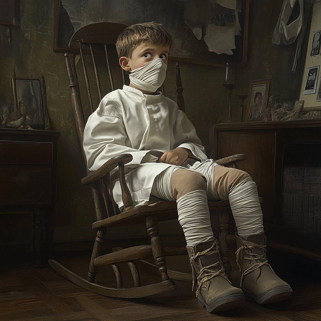 Boy in scientist coat, bound, bandaged mouth, scared feelings.