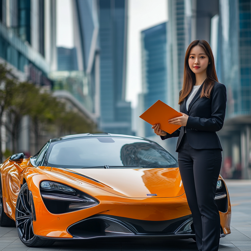 Bright SuperCar Saleswoman in Modern Business District