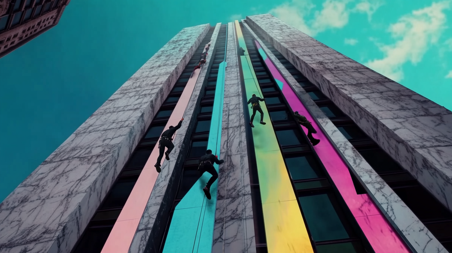 Bright cinematic lighting, tall marble buildings, iridescent sky.