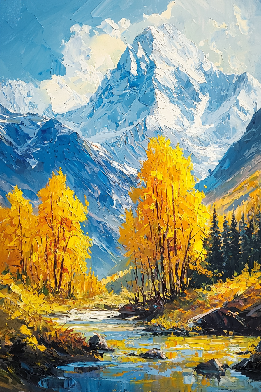 Bright yellow trees on Himalayan mountain, sunlight from upper left.