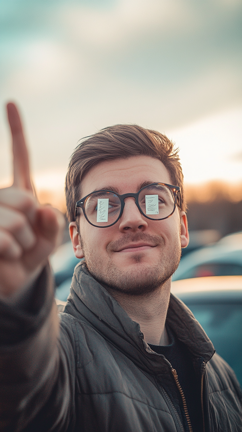 British man in selfie with car, sticky notes. Smiling.