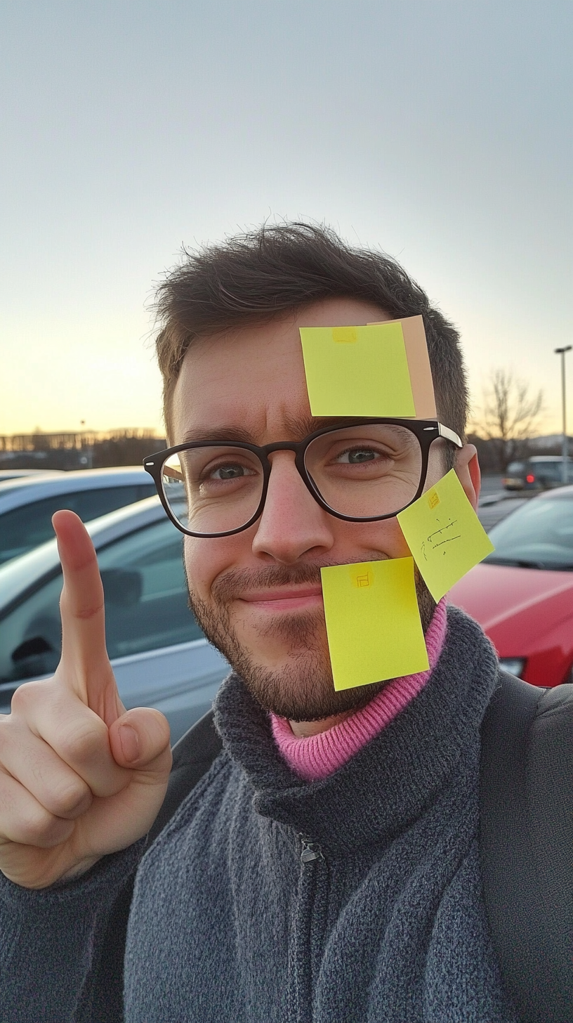 British man in selfie with post-it notes, pointing.