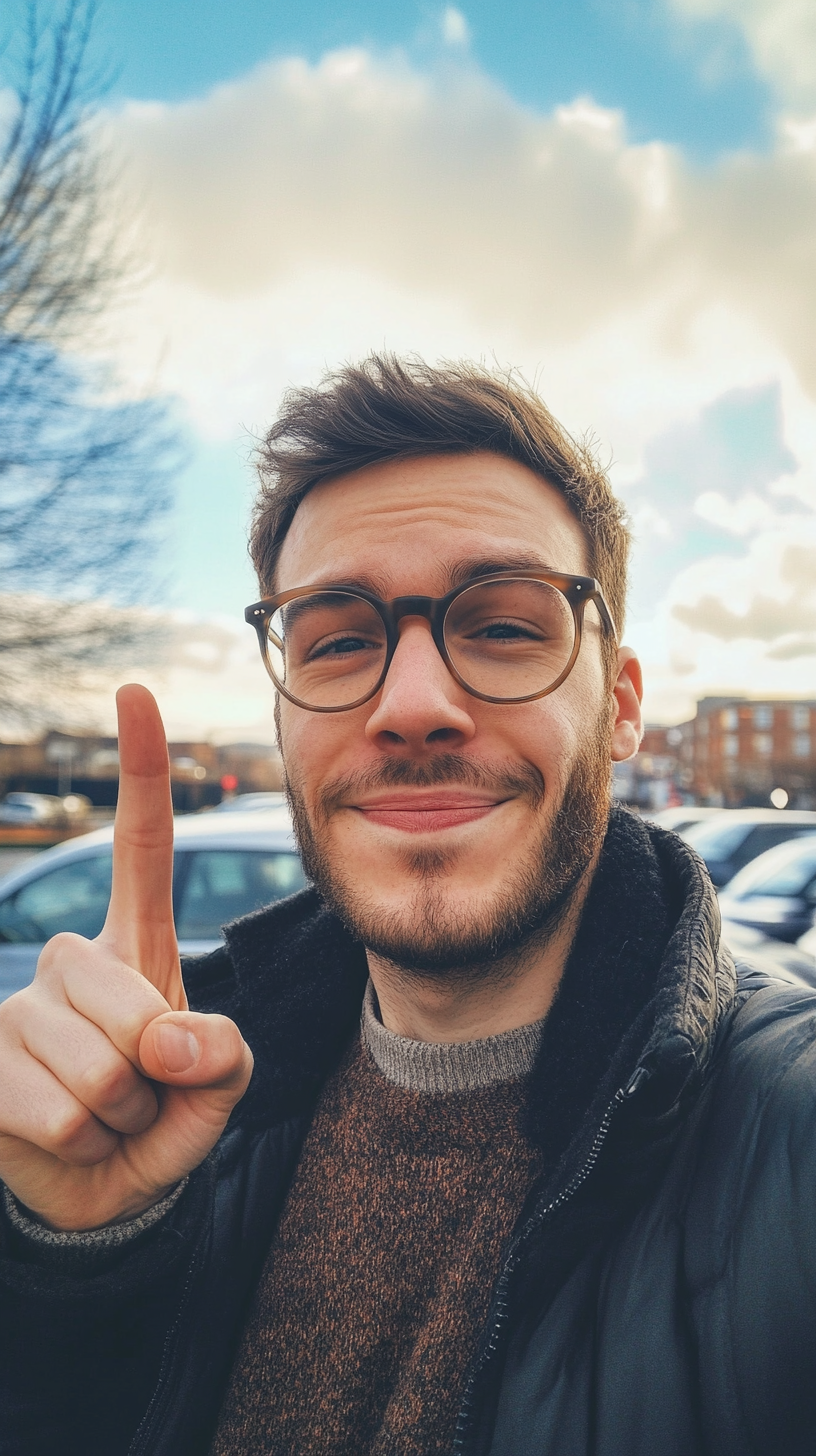 British man takes selfie in car park. Smiling.