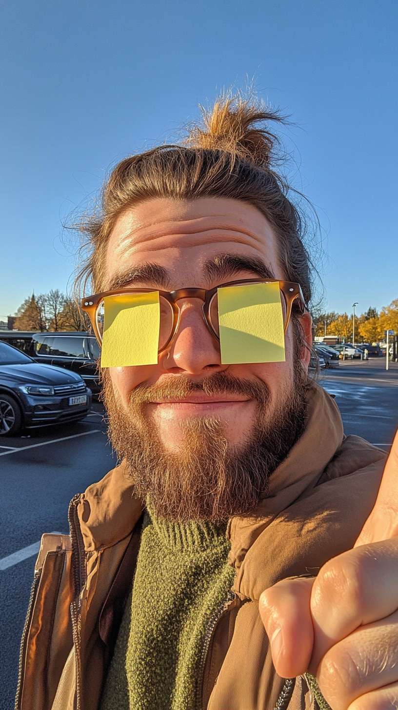 British man wearing glasses with post-it notes smiling.