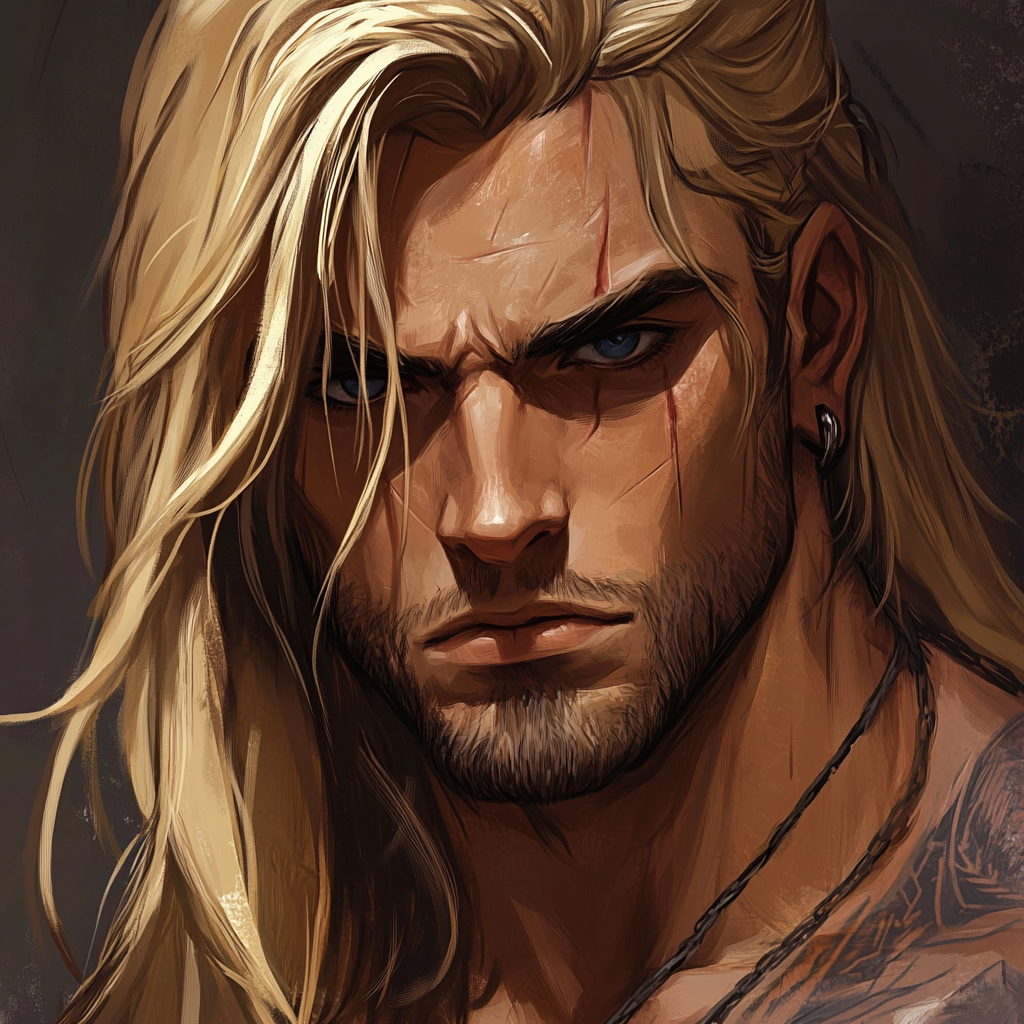 Broad-shouldered, muscular human male with long blond hair.