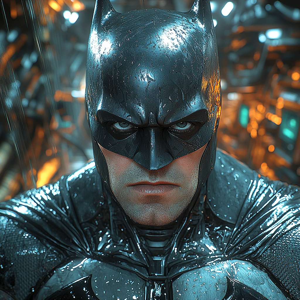 Brooding Batman with new suit in dimly lit Batcave.