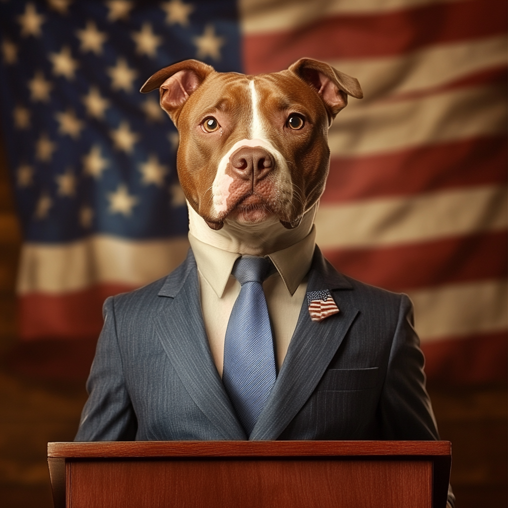 Brown pitbull in blue suit stands at podium with flag.