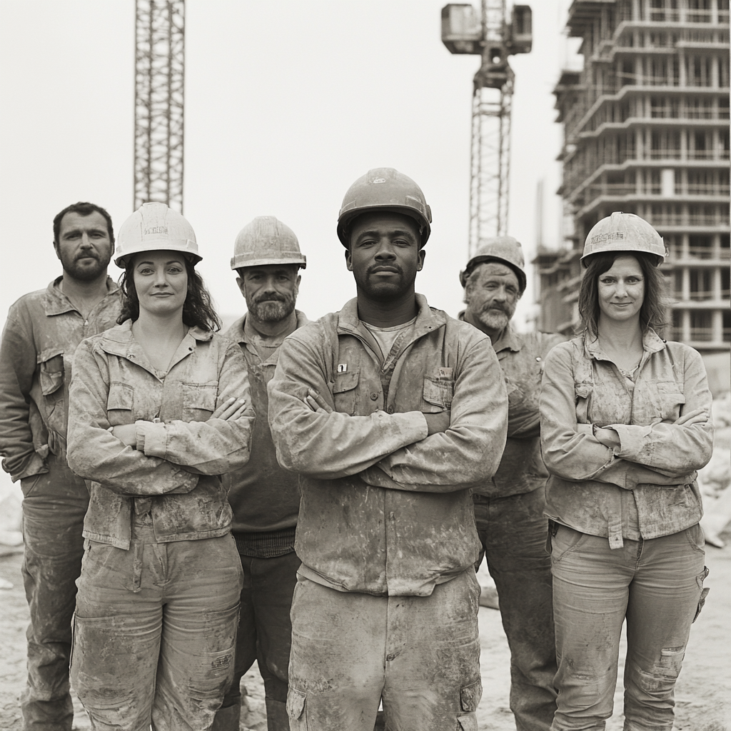 Builder African man, European architect woman, workers, construction site.